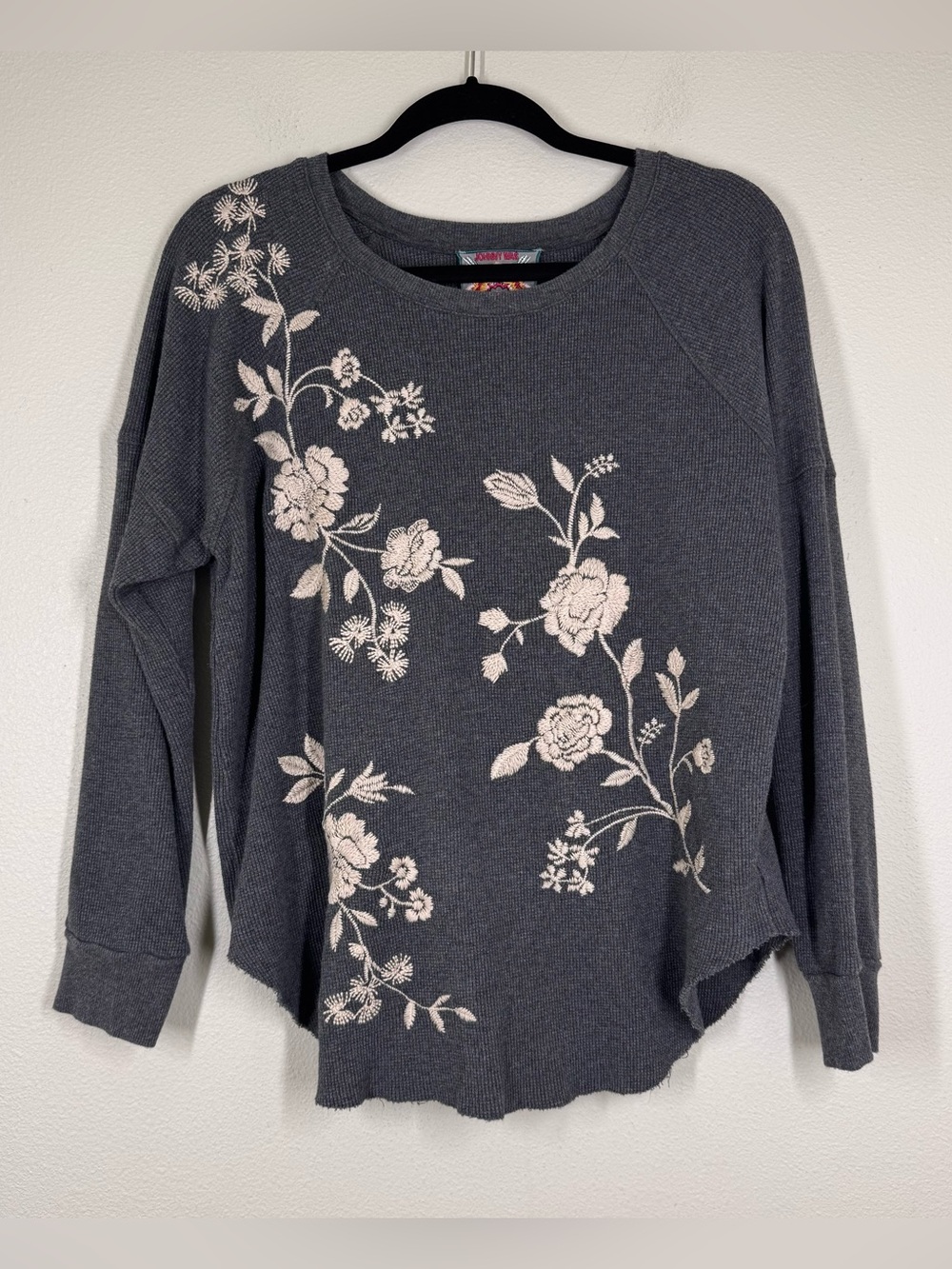 Johnny Was Vixie Raglan Crew Thermal Top Shirt Embroidery Boho Women’s Medium